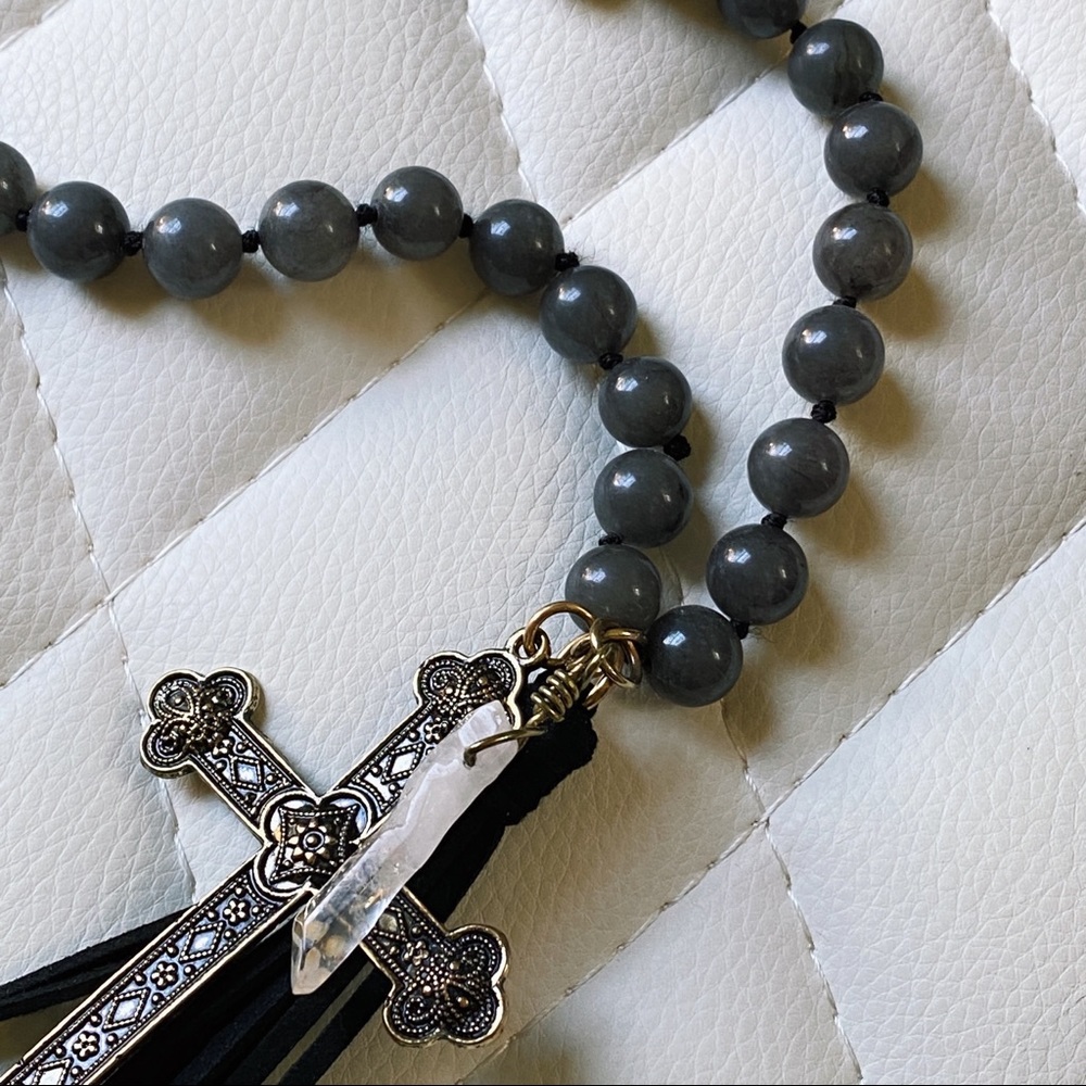 Long Cross and Crystal Faux Leather Tassel Beaded Necklace Costume Jewelry